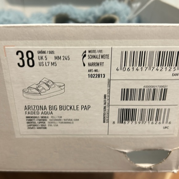 Birkenstock Arizona Big Buckle Genuine Shearling Sandal Blue Faded Aqua NEW 38 - Picture 5 of 10